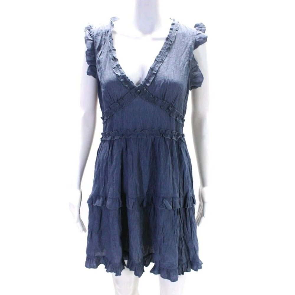 Pinch Deep V Neckline Ruffle Dress Blue Size Large Smocking Cap Sleeves Unlined